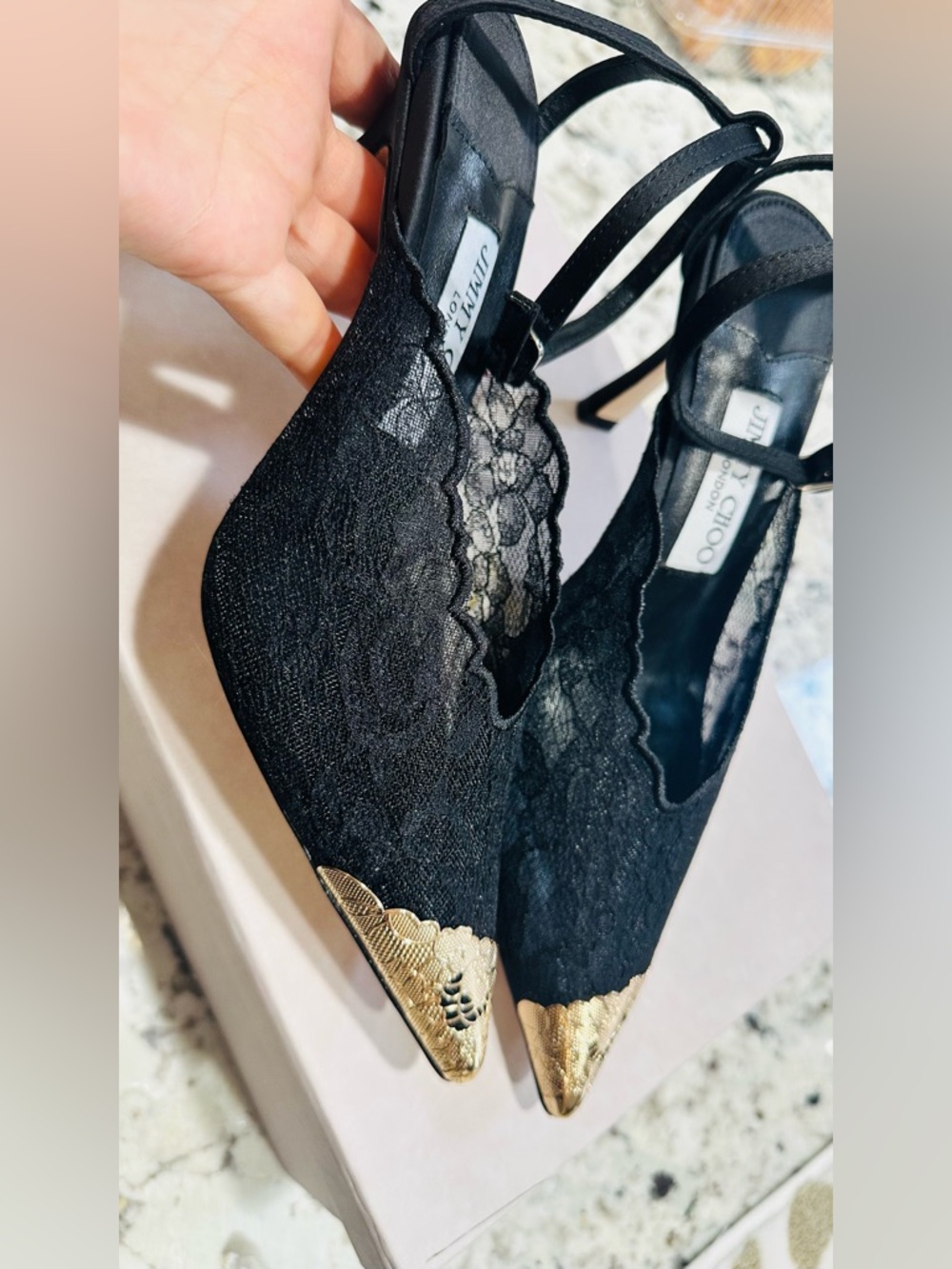 Lace Pointed Slingback Pumps with Gold Cap Toe Detail size 38